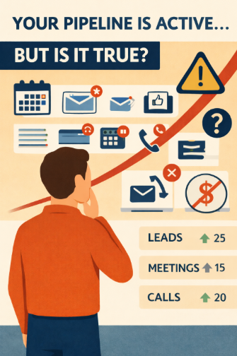 Illustration of a sales leader reviewing dashboards filled with emails, calls, meetings, and alerts while warning icons and a rising line suggest risk, reinforcing the idea that Pipeline looks busy but doesn’t close despite increasing activity metrics.