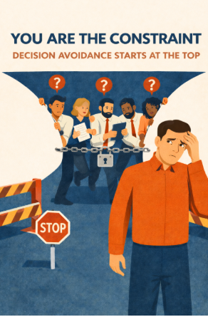Illustration showing a stressed CEO in the foreground while a blocked team stands behind chains and question marks, with a stop sign and barrier symbolizing stalled progress caused by CEO decision avoidance at the top.