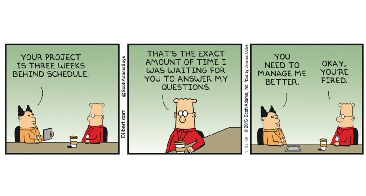 Comic strip featuring a conversation between a manager and employee about a delayed project. The employee blames the delay on unanswered questions and suggests the manager needs to be managed better. The comic humorously illustrates the challenges of how to manage up effectively.