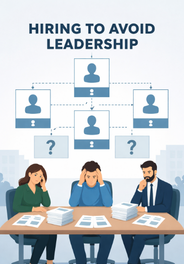 Illustration of three executives sitting at a table overwhelmed by paperwork beneath an organizational chart titled “Hiring to Avoid Leadership,” highlighting confusion and stress caused by hiring to solve the right problem not being addressed.
