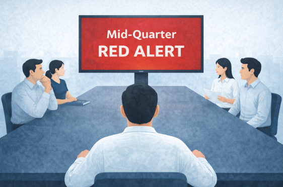 Illustration of a leadership team in a conference room facing a screen that reads “Mid-Quarter Red Alert,” highlighting the need for mid-quarter operating resets when performance signals demand immediate action.
