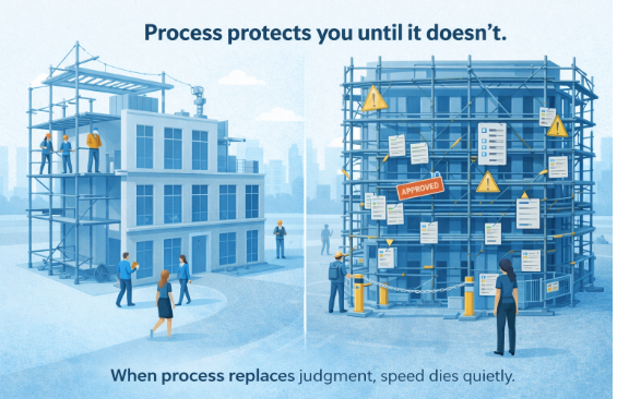 Illustration showing two construction sites side by side—one moving smoothly with minimal oversight and another overloaded with approvals, warning signs, and paperwork—highlighting how excessive controls slow execution and why process discipline for growing companies must support judgment instead of replacing it.