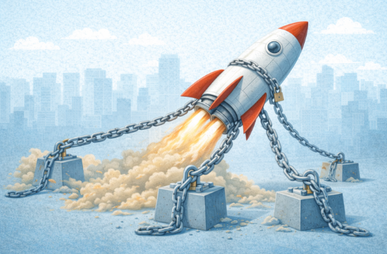 Illustration of a rocket trying to launch while chained to heavy concrete blocks, symbolizing operational bottlenecks during growth that restrict momentum, slow execution, and prevent a business from scaling forward.