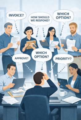 Illustration of a stressed manager seated at a desk while multiple team members stand around holding documents and devices, each asking questions like “Approve?”, “Which option?”, and “Priority?”, visually representing a workplace where the team depend on me for every decision and leadership bottlenecks slow progress.
