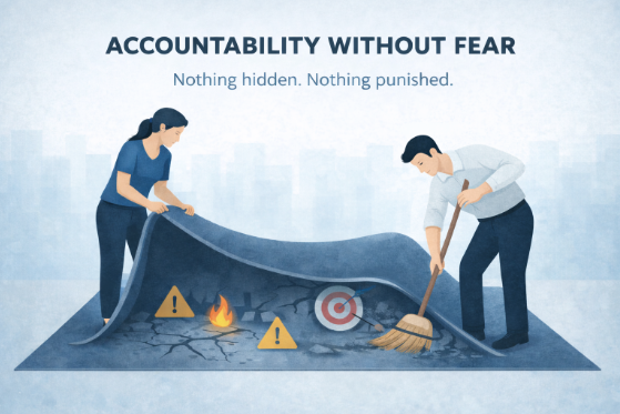 Illustration of two team members lifting and cleaning beneath a rug to reveal hidden cracks, warning signs, and issues, symbolizing transparent problem-solving and Accountability without fear through open visibility, shared ownership, and trust in the workplace.
