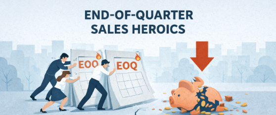Illustration of a team pushing an end-of-quarter calendar toward a broken piggy bank, symbolizing end-of-quarter sales heroics where last-minute deal pressure drains long-term revenue stability.
