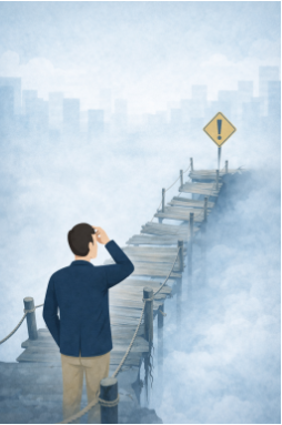 Illustration of a man standing on a foggy, broken wooden bridge, pausing and looking ahead toward a warning sign—symbolizing uncertainty, stalled progress, and early pipeline warning signs before deals collapse.