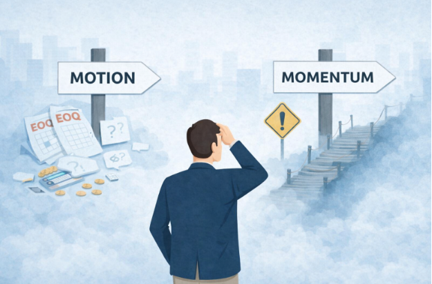 Illustration of a business leader standing at a crossroads between two signposts labeled “Motion” and “Momentum,” scratching his head as he looks toward a foggy bridge ahead, with scattered reports, coins, and question marks on one side—symbolizing sales motion without momentum and the confusion of activity that fails to translate into real progress.