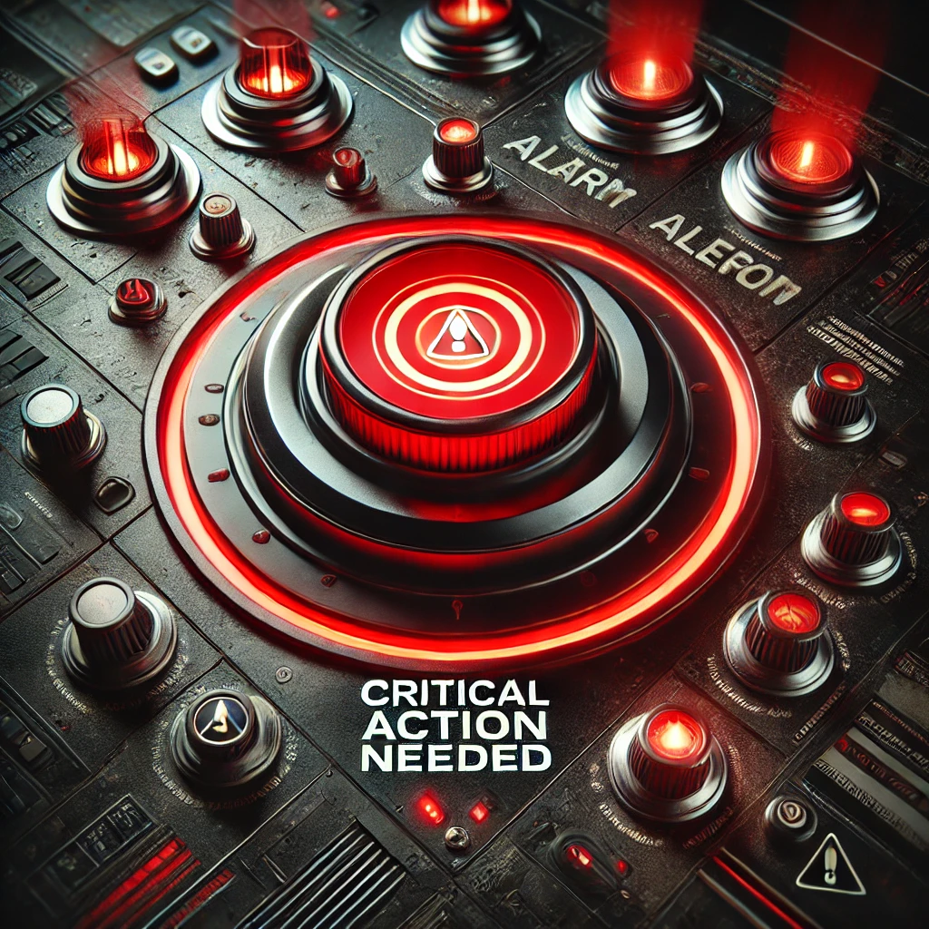 High-contrast image featuring a glowing red alarm button surrounded by warning lights and alert symbols, evoking urgency and the theme of 'Fractional COO for Scaling Businesses' as a critical decision-making point.