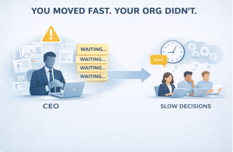 Illustration showing a CEO working quickly while tasks stack up as “waiting,” leading to a team experiencing slow decisions—visualizing why decisions slow down at scale as organizations grow and execution bottlenecks shift away from leadership speed.
