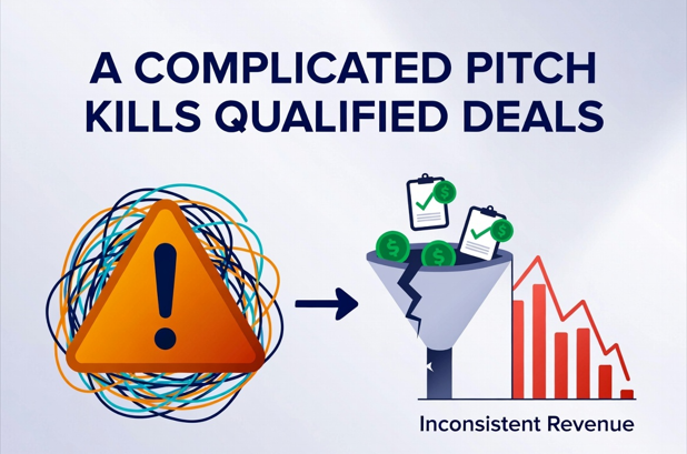 CEO fix your sales pitch now, a cluttered, tangled pitch symbolized by a warning icon leads to a broken sales funnel with scattered deals and declining revenue, illustrating how complexity kills qualified opportunities and creates inconsistent results.