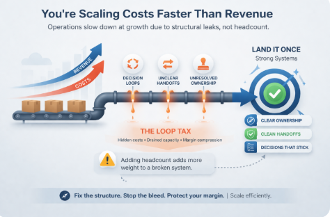 Illustration showing why operations slow down at growth, with costs rising faster than revenue due to structural leaks like decision loops, unclear handoffs, and unresolved ownership, highlighting how adding headcount increases inefficiency without fixing the system.