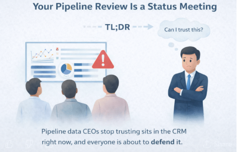 Illustration of a CEO standing with arms crossed, questioning a pipeline dashboard presentation, while a team reviews charts and warning signals—highlighting pipeline data CEOs stop trusting during status meetings.