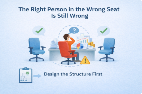 A clean illustration showing a person sitting in the wrong role at a desk, surrounded by mismatched office chairs and confusion symbols, with a message emphasizing org design before hiring more people to ensure the right structure is in place.