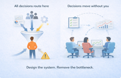 Illustration comparing two business scenarios: on the left, a single founder stands beneath a funnel where all decisions flow through them, creating a bottleneck; on the right, a team collaborates with distributed decision-making and clear workflows. The visual highlights how a founder bottleneck slowing company growth limits scale, while system design enables decisions to move without dependence on one person.