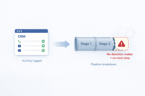 A simple illustration showing a CRM dashboard with logged activity on the left leading into a sales pipeline with stages, which then breaks down due to a missing decision-maker and no defined next step—highlighting why good salespeople stop performing when systems lack structure and clear ownership.