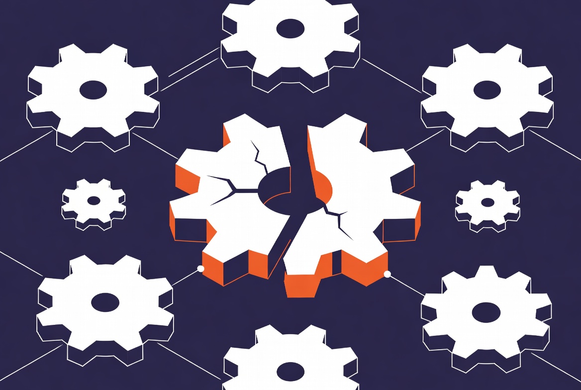 A cracked and broken central gear highlighted in orange disrupts an otherwise connected network of white gears on a deep navy background, illustrating why fixing ops never gets prioritized