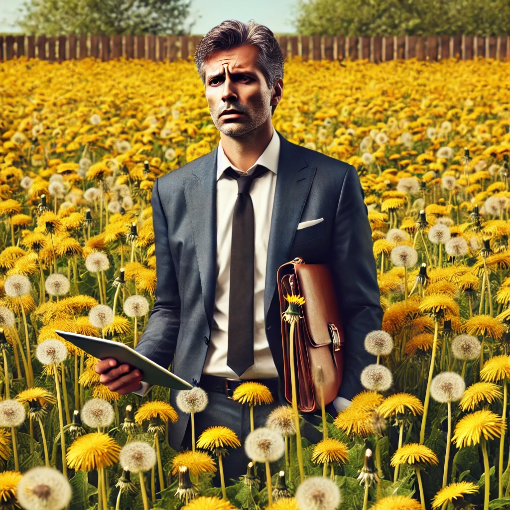 CEO stuck waist-deep in dandelions, symbolizing frustration and feeling overwhelmed looking to escape day-to-day business operations