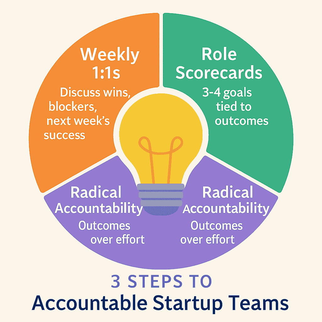 Circular infographic illustrating the 3-step playbook for startup team accountability. At the center is a lightbulb icon, symbolizing ideas and innovation. The header reads “3 STEPS TO Hold Your Startup Team Accountable