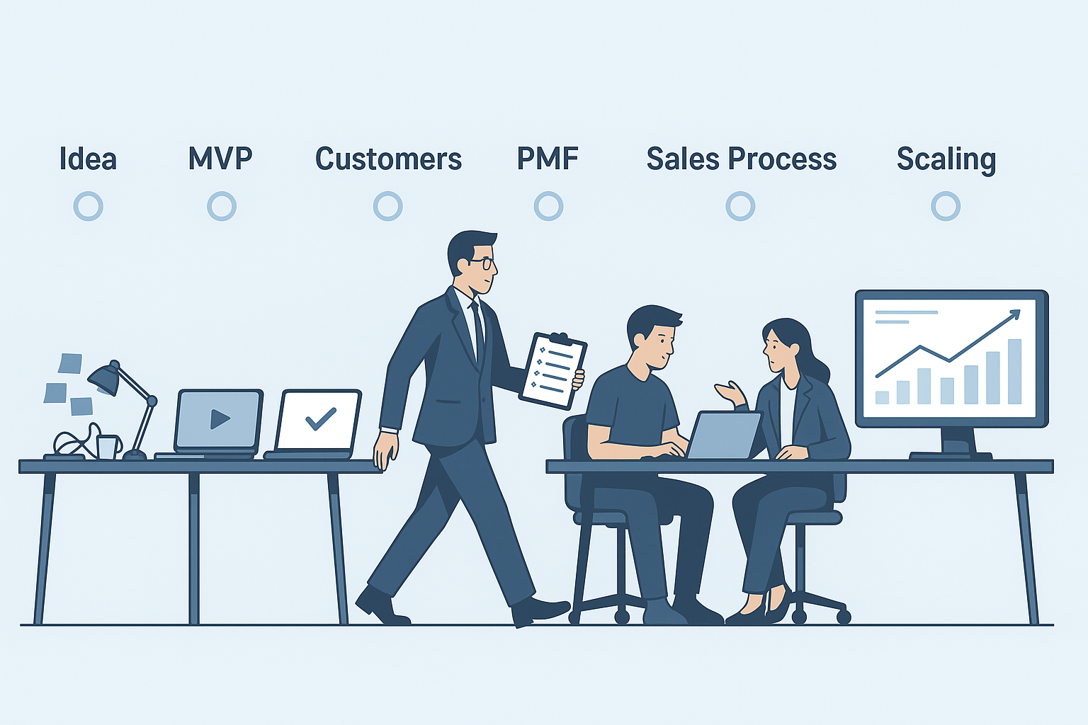 Illustration of a startup’s growth journey using the fractional COO growth strategy, showing seven stages from idea to $10M ARR, with a fractional COO guiding each phase across a modern office setup.