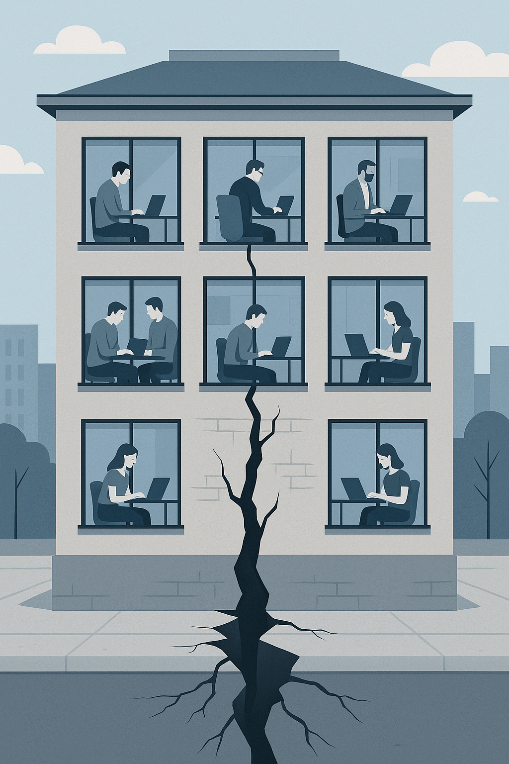 Illustration of a startup office building with a large crack in the foundation. Founders and employees work on laptops, unaware of the damage. The image represents the need for a Startup Operational Health Playbook. Oper Hand helps founders in Seattle, WA, Boulder, CO, and across the US and Canada build systems that scale.