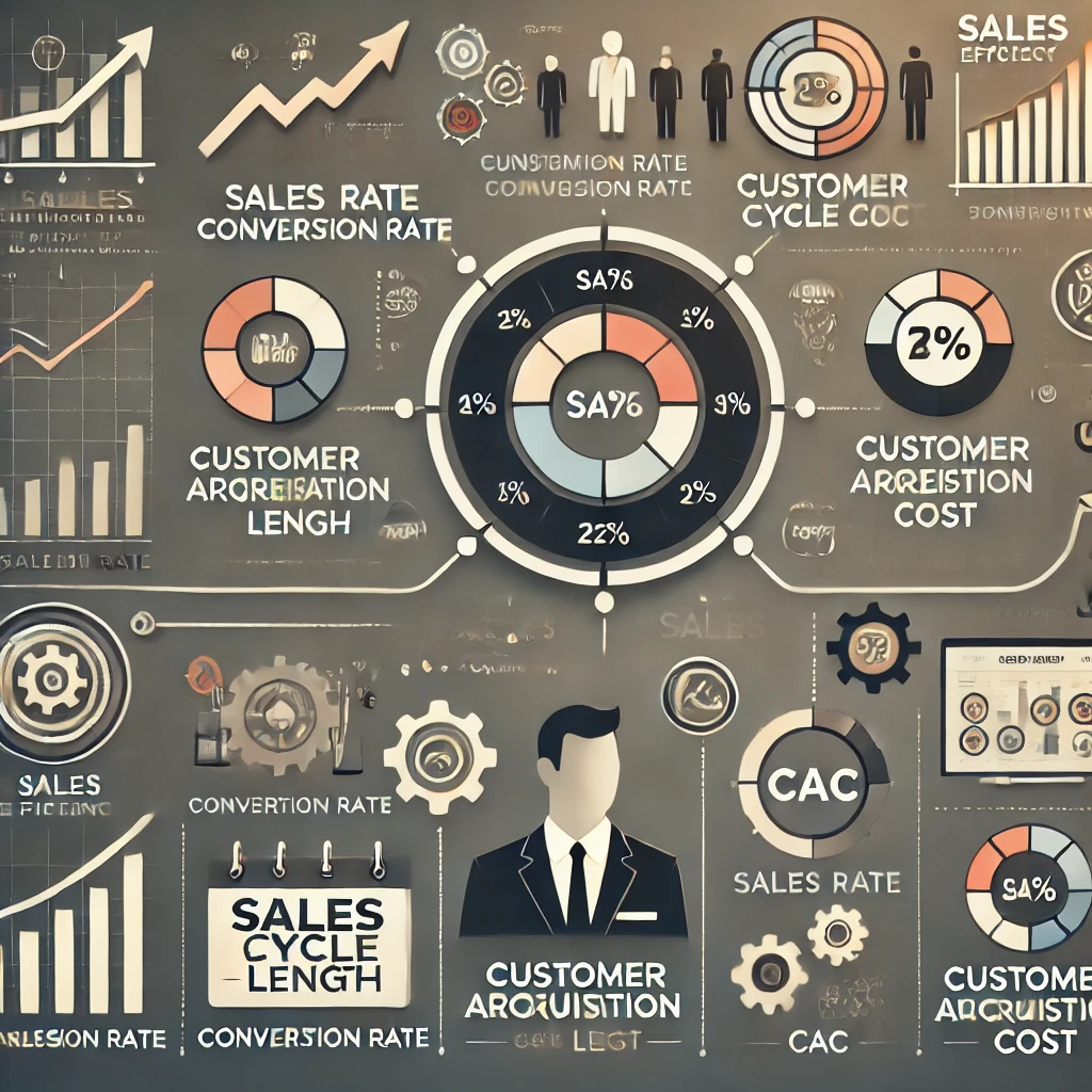 Minimalist infographic illustrating key metrics to boost sales efficiency for scalable growth, including sales pipeline, conversion rate, sales cycle length, and customer acquisition cost (CAC)