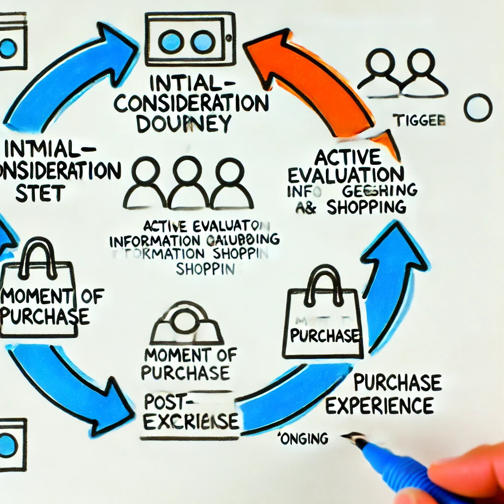 "Illustration of navigating non-linear sales journeys, showcasing the circular decision-making process with four phases: initial consideration, active evaluation, moment of purchase, and post-purchase experience