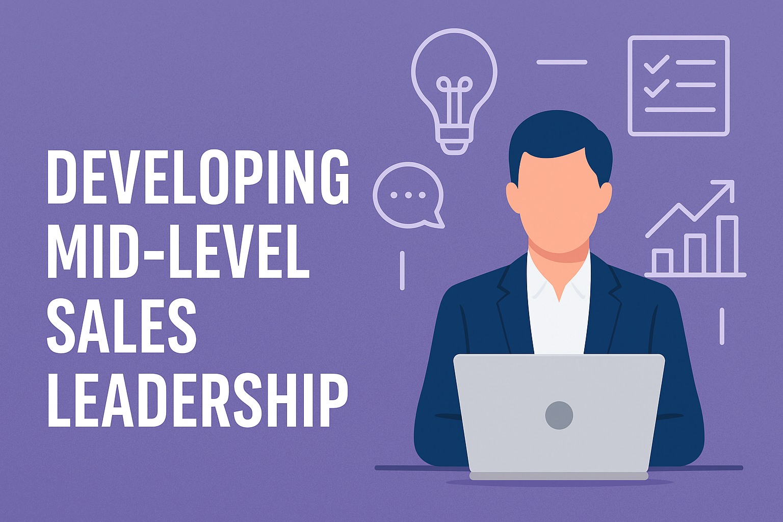 Illustration of a professional figure with a laptop, symbolizing the concept of Developing Mid-Level Sales Leadership, with icons representing creativity, growth, and teamwork.