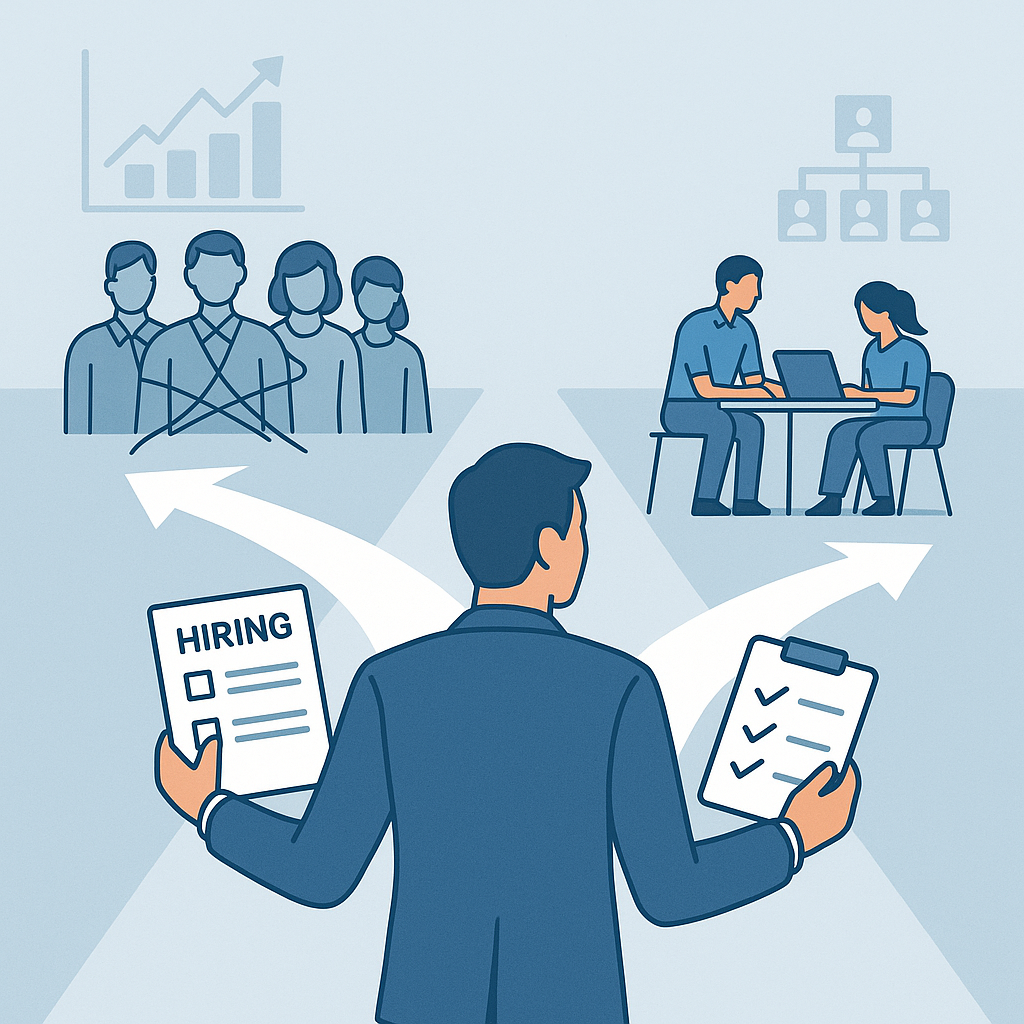 Flat illustration of a founder standing at a fork in the road, holding a hiring form and checklist, choosing between a large overlapping team and a smaller high-performing team. Visual metaphor for startup hiring mistakes.