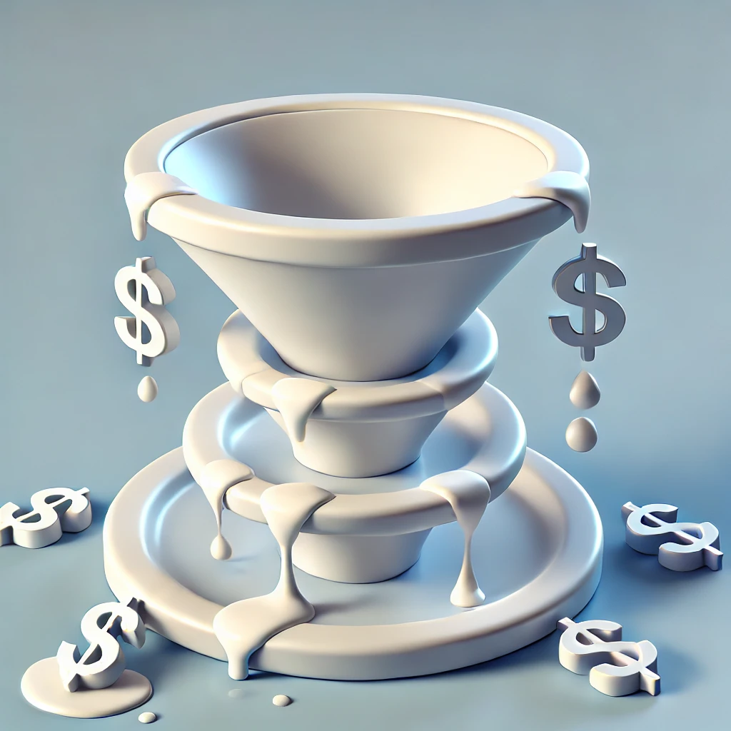 3D illustration of a leaky sales funnel with liquid and dollar symbols dripping out, symbolizing lost revenue and the need to fix sales pipeline leaks.