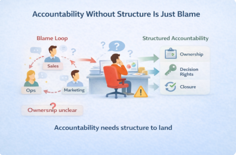 Illustration showing the contrast between a blame loop and structured accountability systems for scaling teams. On the left, sales, marketing, and ops point fingers in a circular loop labeled “Blame Loop,” with unclear ownership. In the center, a frustrated manager sits at a desk surrounded by confusion. On the right, “Structured Accountability” highlights clear ownership, defined decision rights, and closure, emphasizing that accountability needs structure to work.