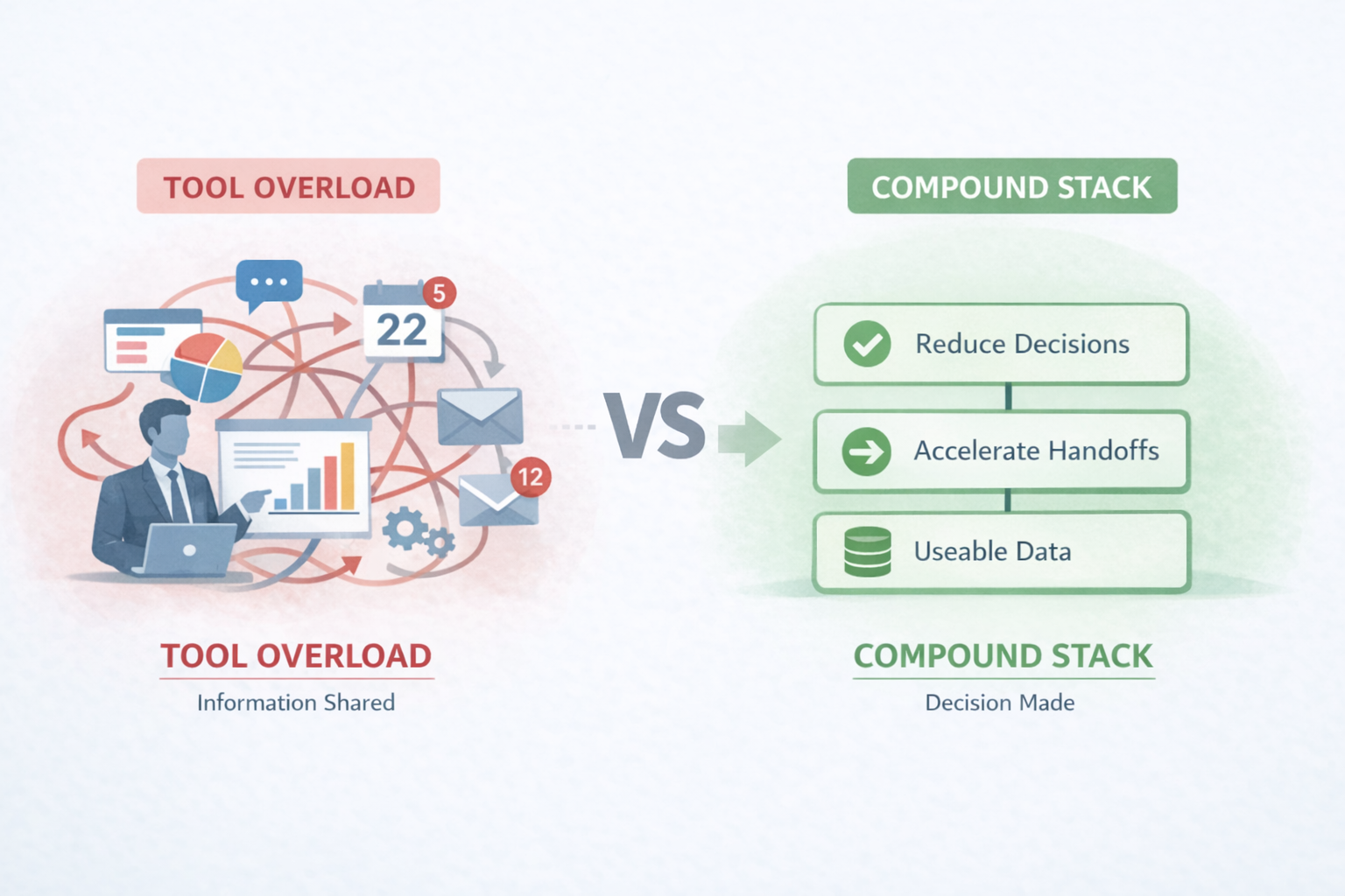 Illustration showing “Tool Overload” versus “Compound Stack,” highlighting how too many ops tools slowing growth create scattered communication, overloaded dashboards, and disconnected workflows, while a simplified operational stack improves decision-making, accelerates handoffs, and creates usable business data.