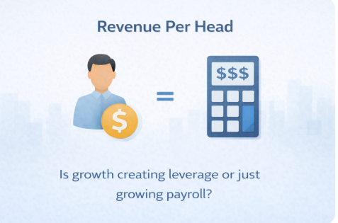 d,” representing a revenue per employee benchmark and questioning whether company growth is creating leverage or simply increasing payroll costs.