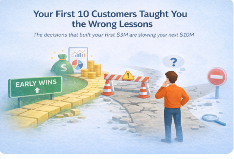 Illustration showing a business founder standing at a crossroads where a path labeled “Early Wins” leads toward growth symbols like money bags, charts, and gold coins, while the road ahead is cracked and blocked by barriers and warning signs. The image represents how early wins distorting business strategy can create obstacles that slow future scaling and long-term growth.