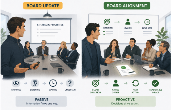 Illustration comparing a passive board update meeting with a proactive board alignment session, highlighting common CEO board mistakes such as one-way communication, unclear ownership, delayed decisions, and lack of measurable action. The left side shows executives sitting through a status-driven update with uncertainty and waiting, while the right side shows a collaborative leadership discussion focused on clear direction, accountability, next steps, and measurable impact.