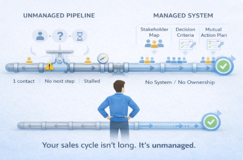 Illustration comparing an unmanaged pipeline versus a structured system in a complex B2B sales cycle, showing stalled deals with no next steps on one side and a mapped process with stakeholder alignment, decision criteria, and clear action plans leading to successful outcomes on the other, with a manager observing the flow.
