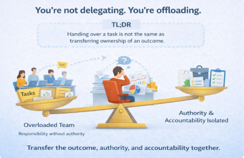 Illustration showing an unbalanced scale representing why delegation fails growing companies. On one side, an overloaded team handles multiple tasks without authority, while on the other side, authority and accountability are isolated with a stressed leader sitting between the imbalance. The graphic emphasizes that handing over tasks is not the same as transferring ownership of outcomes, highlighting the need to transfer outcome responsibility, authority, and accountability together.