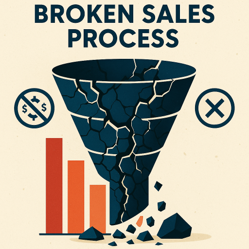 A fractured sales funnel with cracks, broken pieces falling onto declining bar graphs, symbolizing the consequences of a broken sales process. The design emphasizes the need for optimization, with a key focus on 'Fixing a Broken Sales Process