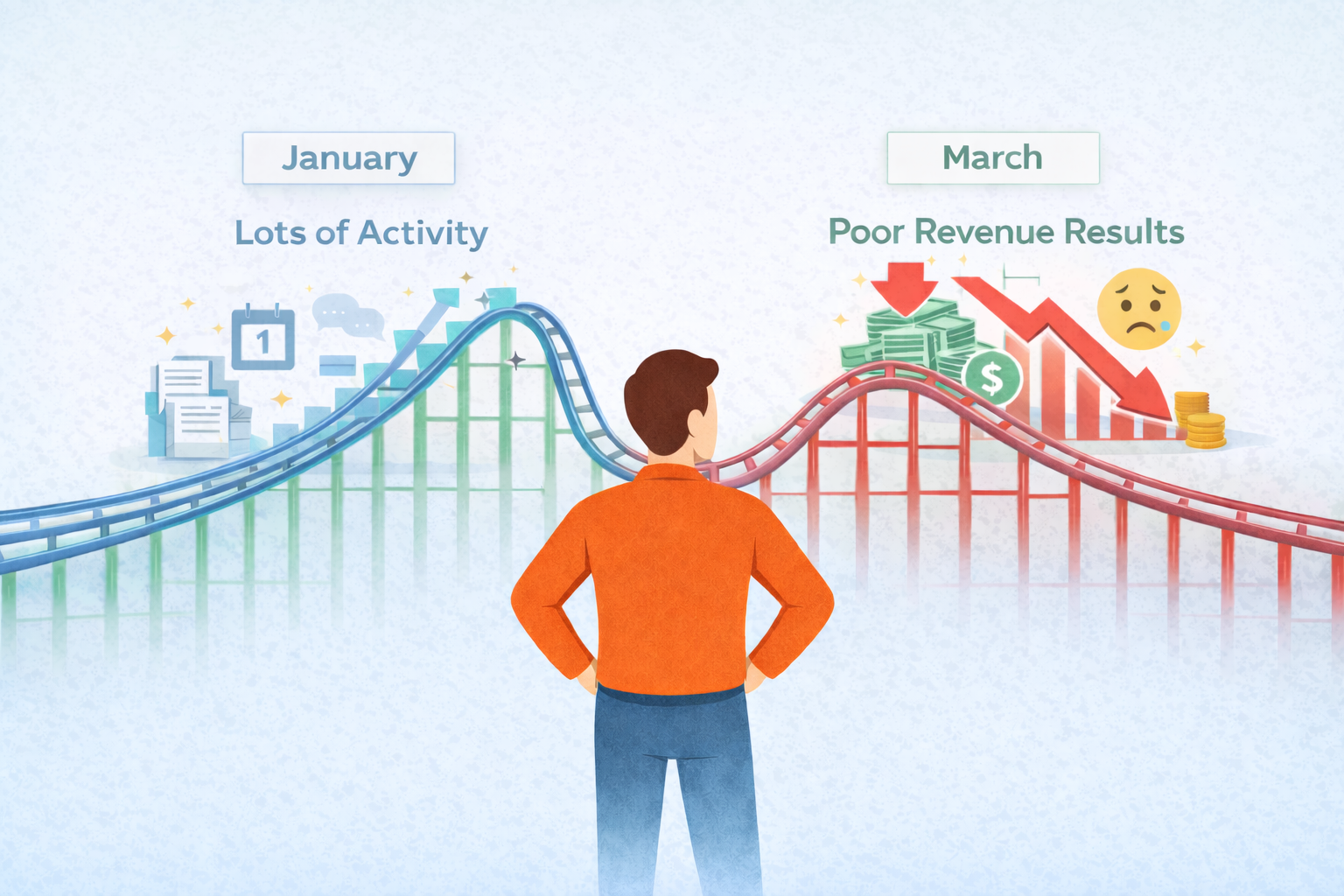 Illustration showing a founder watching a roller coaster that rises in January with heavy activity and drops in March with poor revenue, reinforcing smart growth for startups by contrasting busy work with real financial outcomes.