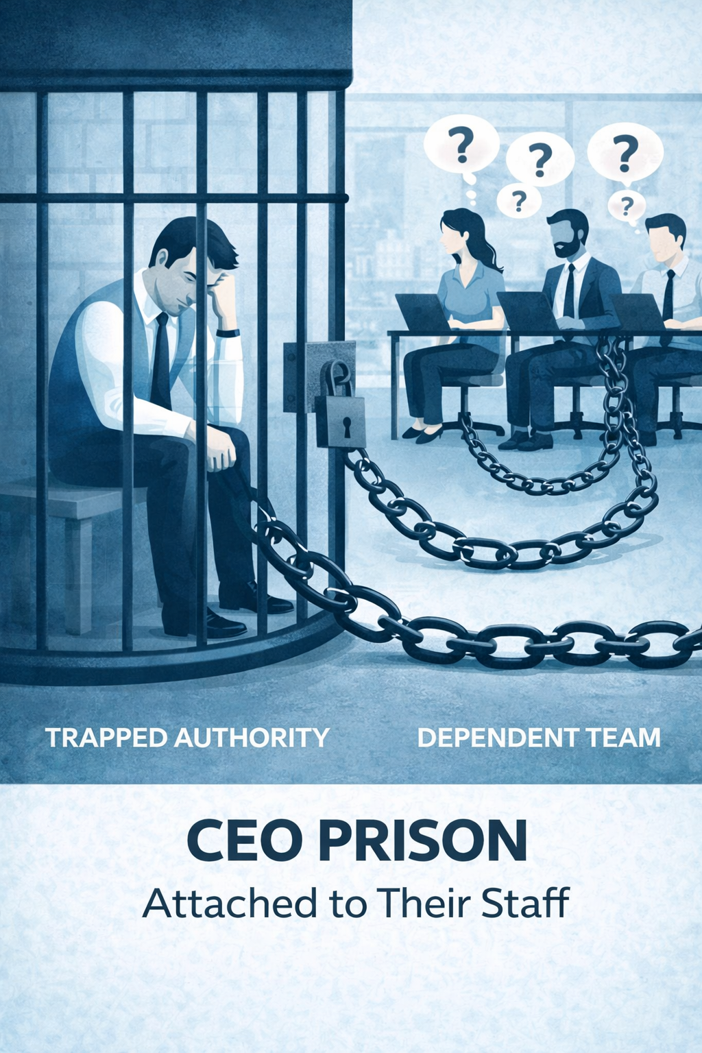 CEO trapped in a cage while a dependent team sits chained nearby, illustrating the founder overfunctioning trap in growing companies