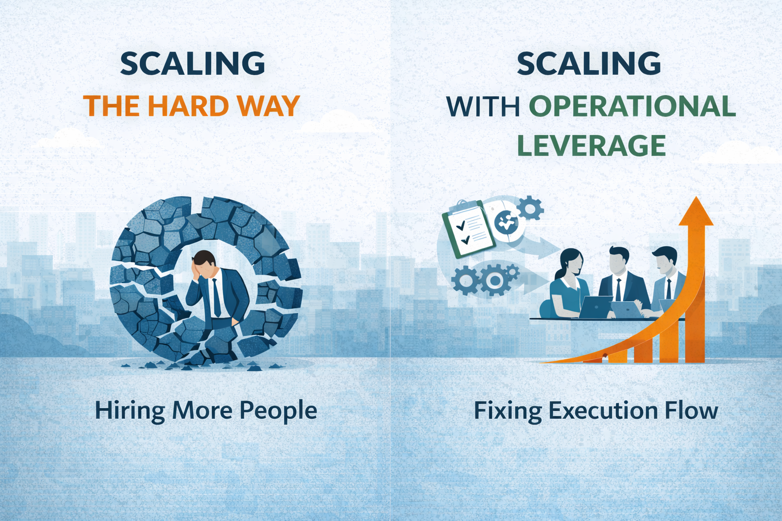Side-by-side illustration showing scaling the hard way versus scaling with operational leverage for growth, contrasting hiring more people with fixing execution flow.
