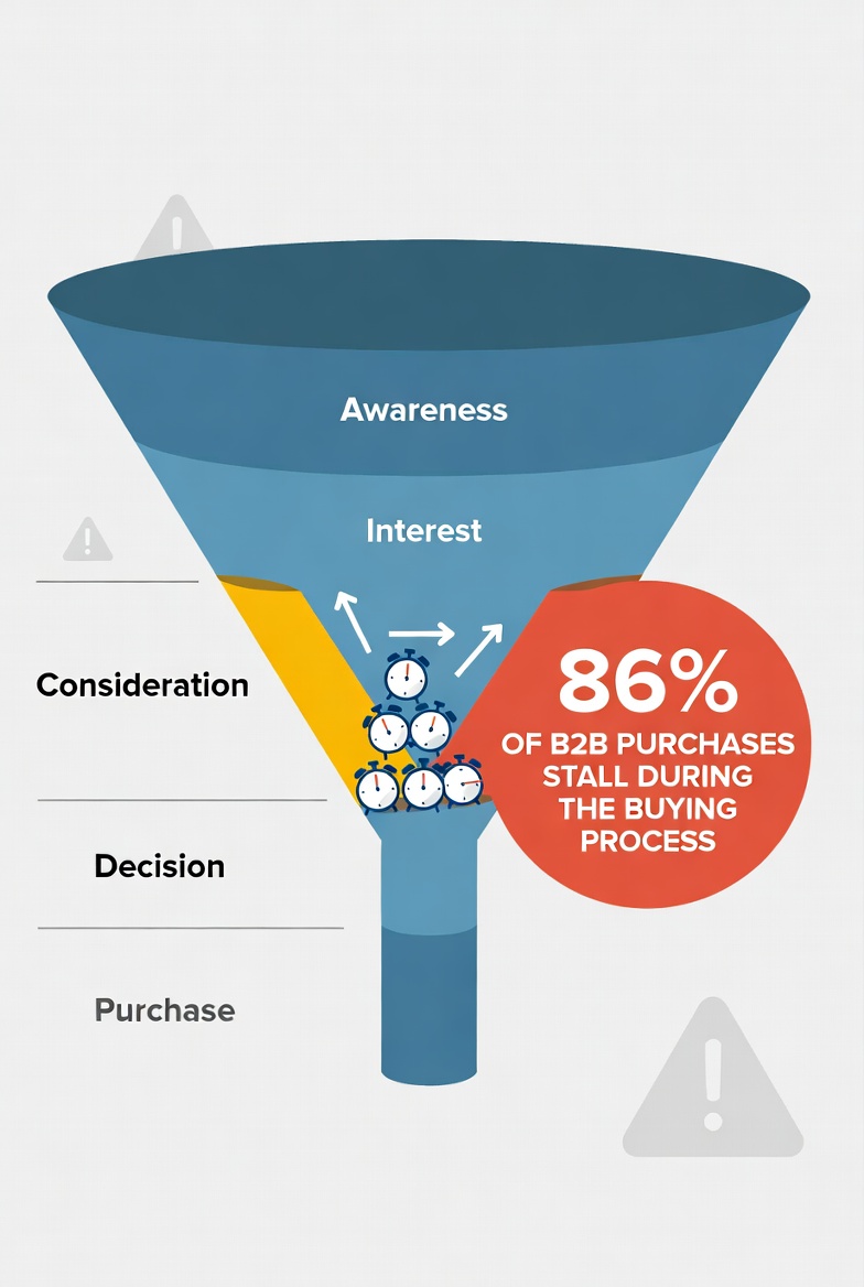A B2B sales funnel showing stalled deals piling up at the consideration stage with clocks blocking progress, alongside the Forrester stat that 86 percent of B2B purchases stall during the buying process — illustrating exactly where and why pipeline revenue stops moving.