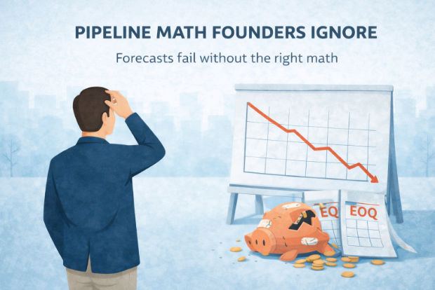 Illustration of a founder reviewing a declining revenue forecast chart beside a broken piggy bank, representing how pipeline math founders ignore leads to inaccurate forecasts and missed expectations.