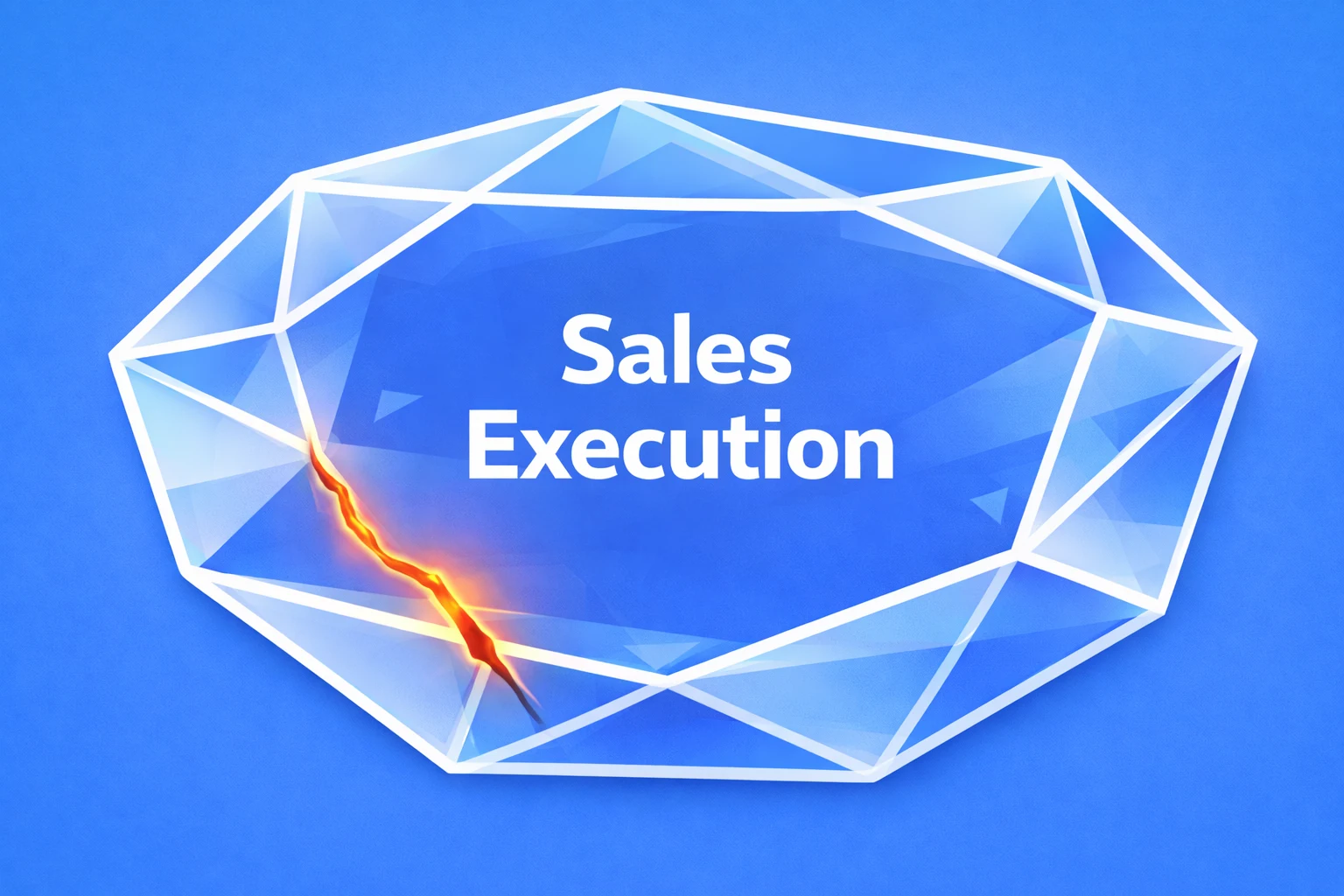 Blue faceted diamond with a pronounced crack running through it, symbolizing sales execution breakdown when deals are not actively driven to decisions and momentum stalls.