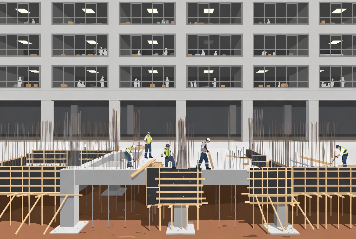 Construction workers building a concrete foundation beneath an occupied commercial building in natural daylight, illustrating the challenge of scaling operations in a live business — reinforcing the structure without stopping what is already running above it.