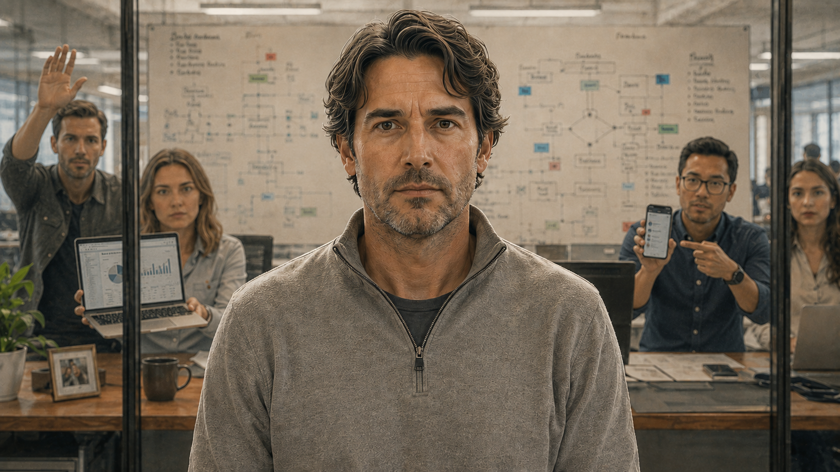 A startup founder stands at the center of his office while his team waits on him for decisions — a visual representation of why delegation fails in startups.